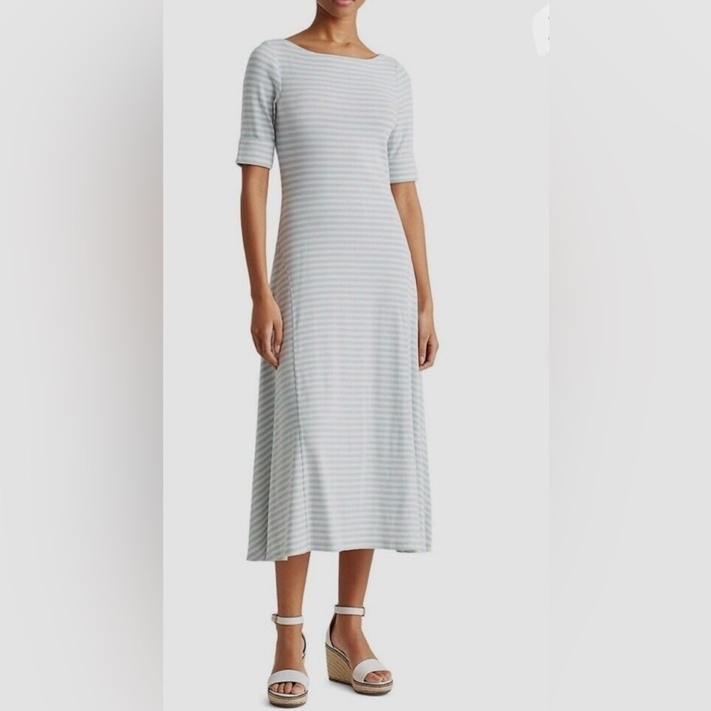 Lauren Ralph Lauren Women’s Pale Blue & White Striped Midi Dress. Size XL